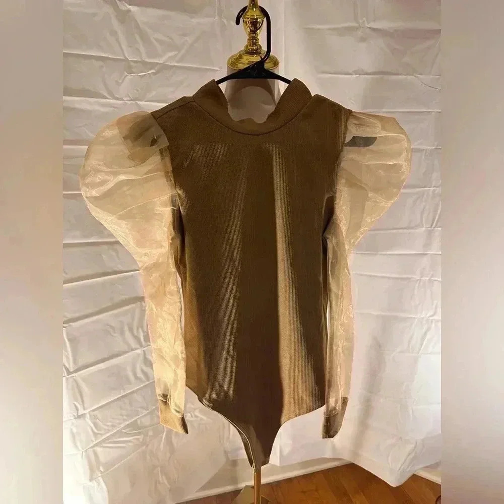 TCEC Brown Mock Neck Bodysuit with Bishop Sleeve